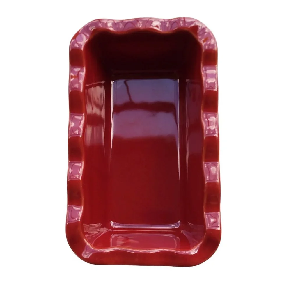 Emile Henry France Vintage Ceramic Ruffled Small Baking Loaf Pan in Burgundy